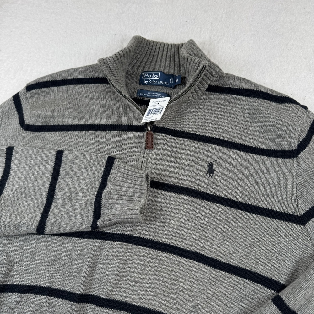 Polo By Ralph Lauren Sweater Mens Size M Gray Striped 1/4 Zip Mock Neck Knit